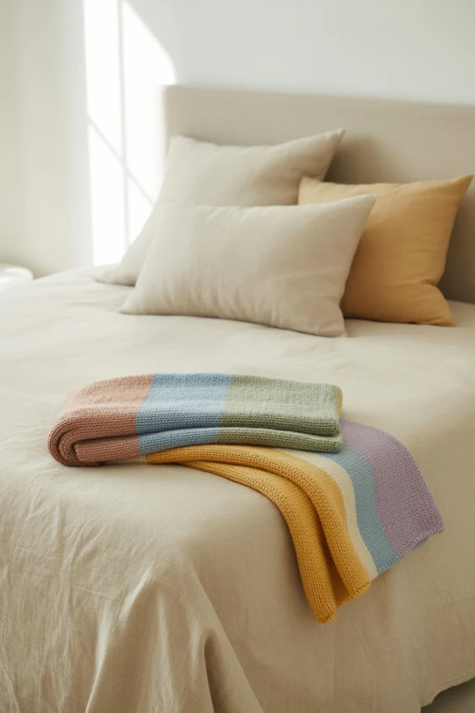 Rainbow striped throw blanket on neutral bedding