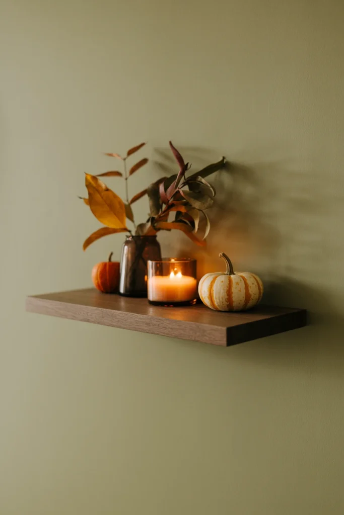 Small floating shelf holding rotating seasonal witchy items
