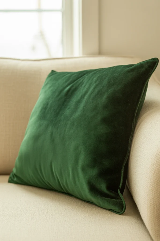 Emerald velvet pillow on cream linen sofa