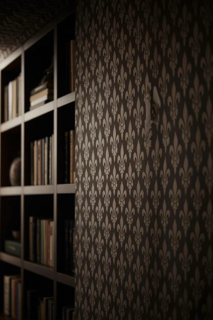 Dark damask wallpaper behind a built-in bookshelf