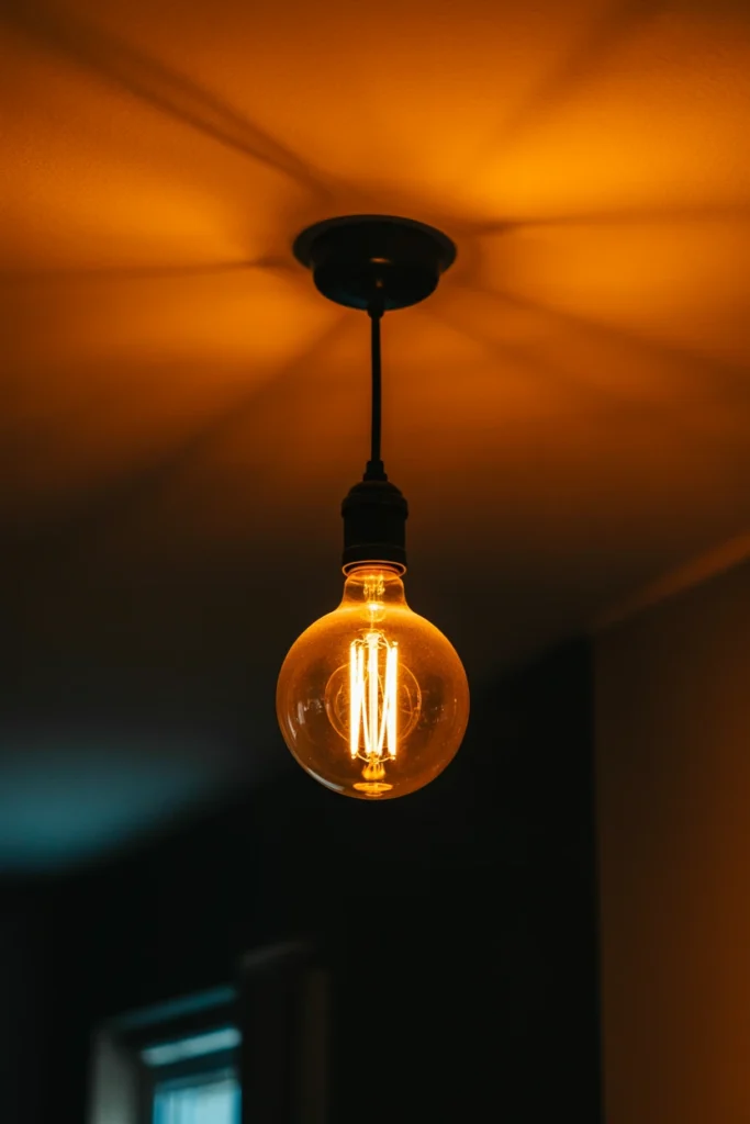 Amber Edison-style bulb glowing in a ceiling fixture