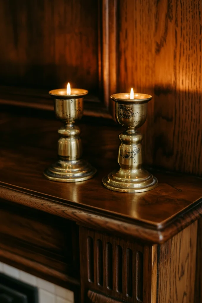  Brass candlestick holders on a dark wood mantel