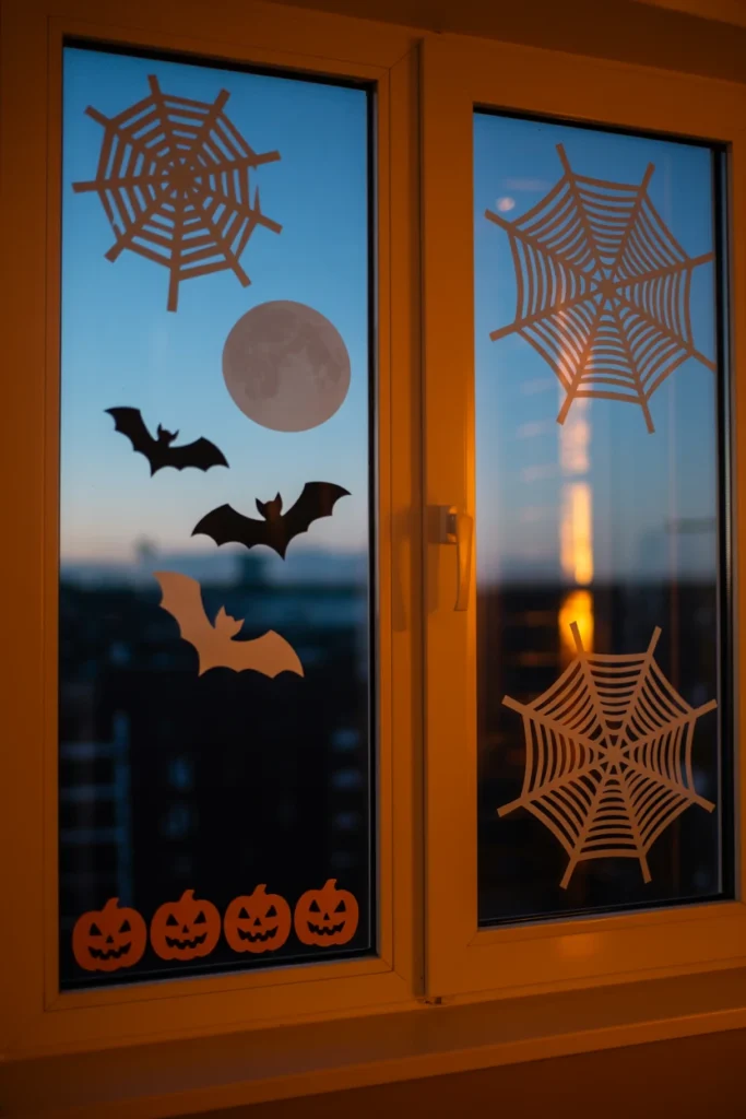 A halloween window display using layered static clings — cobwebs at both top corners, a moon center top, and a bat cluster at mid-pane