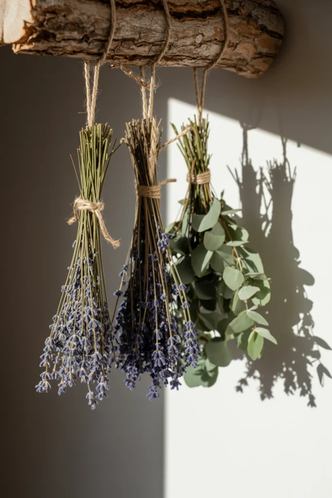  Dried lavender and eucalyptus bundles hanging upside down from a wood beam