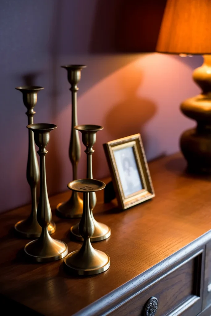 brass candlestick holders on dark wood dresser