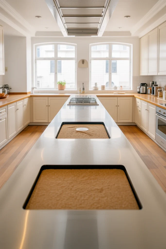 Kitchen counter divided into three decor zones with clear workspace