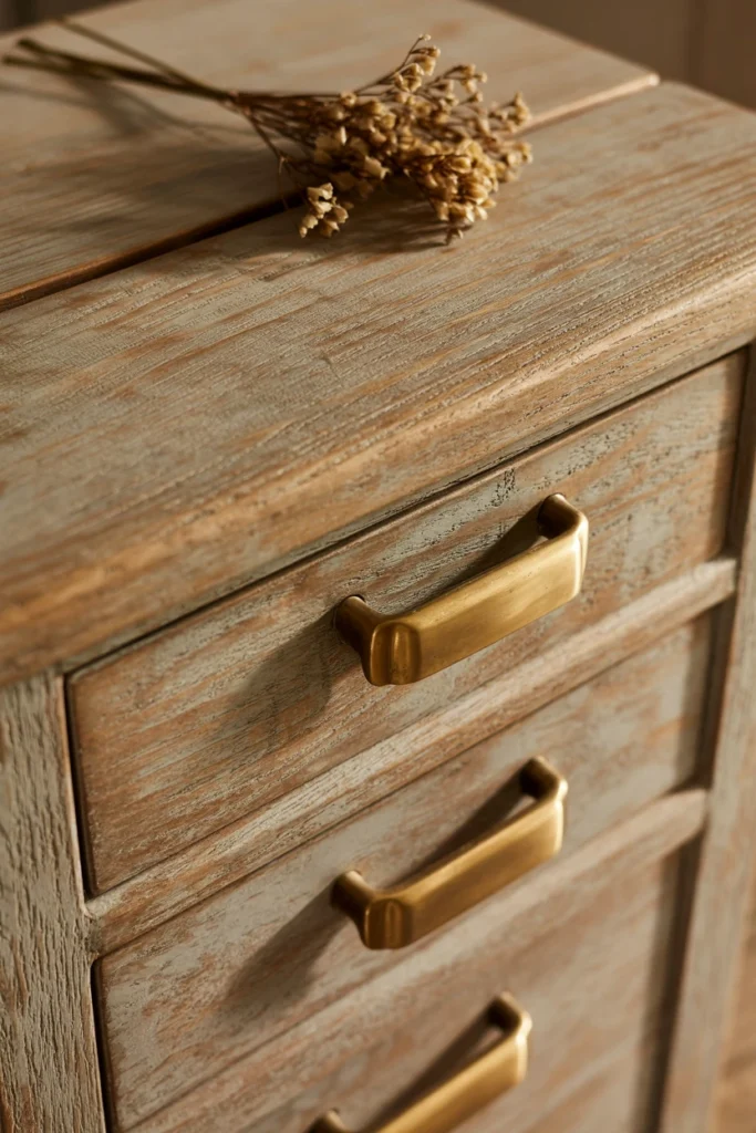 Distressed wood side table with polished brass drawer pulls