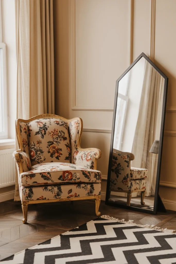 Vintage floral armchair beside a modern geometric rug