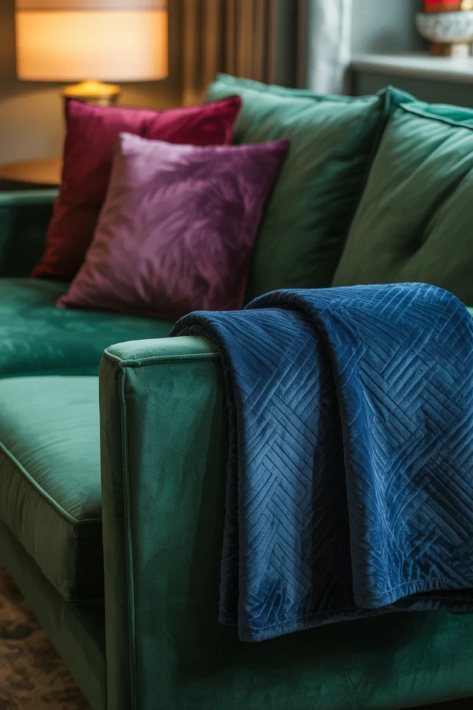 Living room with emerald velvet sofa and burgundy throw pillows