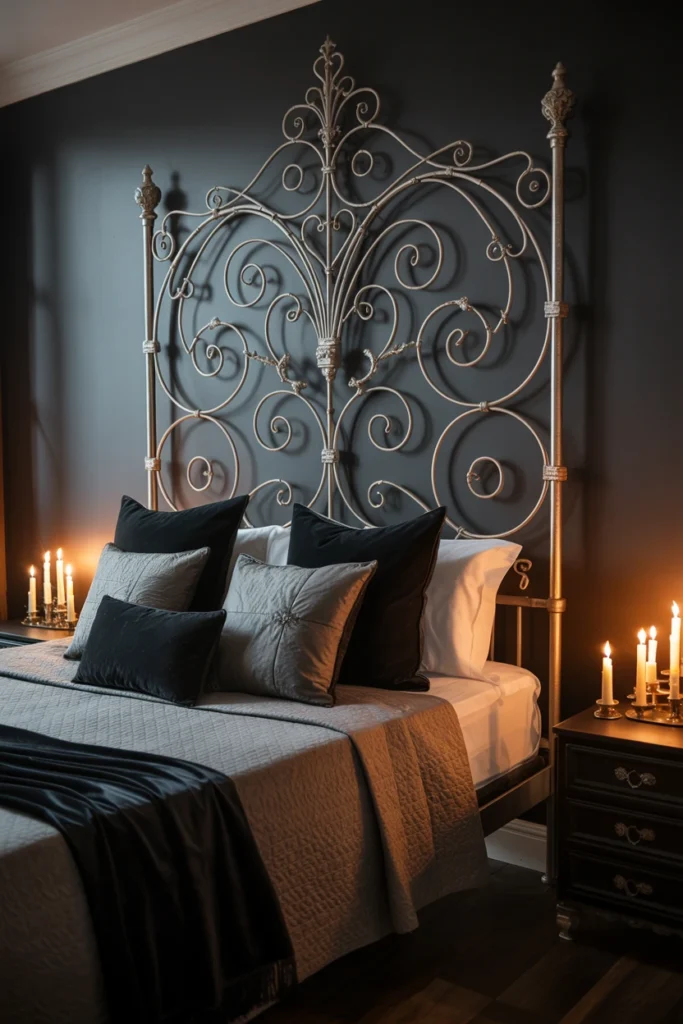 Anchor the room with a wrought-iron or dark wood bed frame