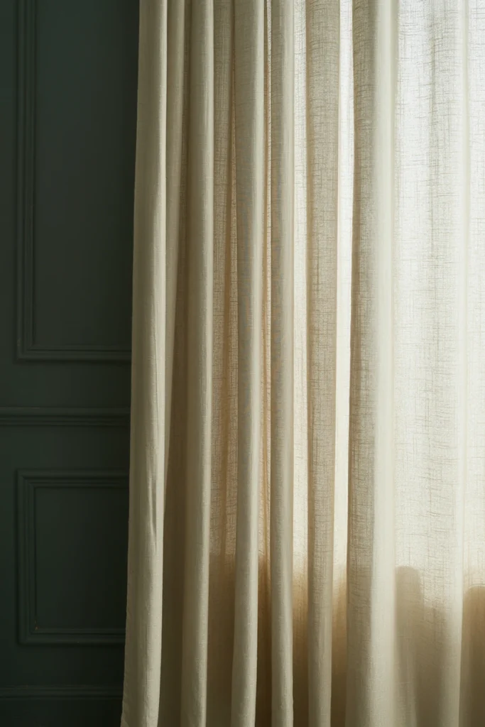 Cream linen curtains against charcoal wall