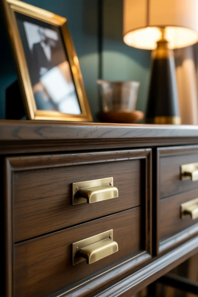Brass drawer pulls and picture frame in a dark study
