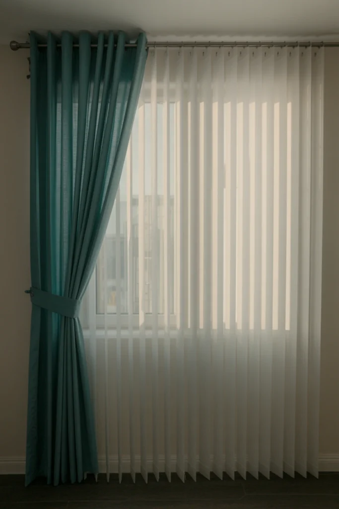 80s bedroom window with white vertical blinds and teal curtain panel layered behind