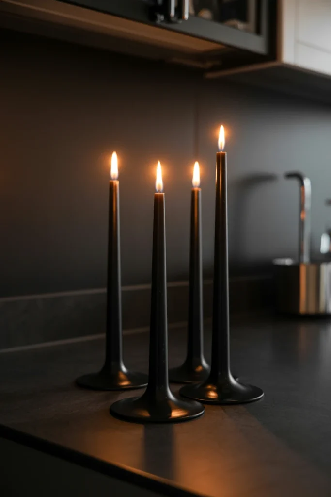 Three black candlesticks grouped at varying heights on a kitchen counter