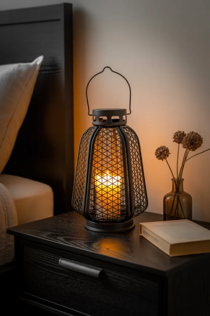 Black metal lantern with flicker-effect LED candle on a nightstand