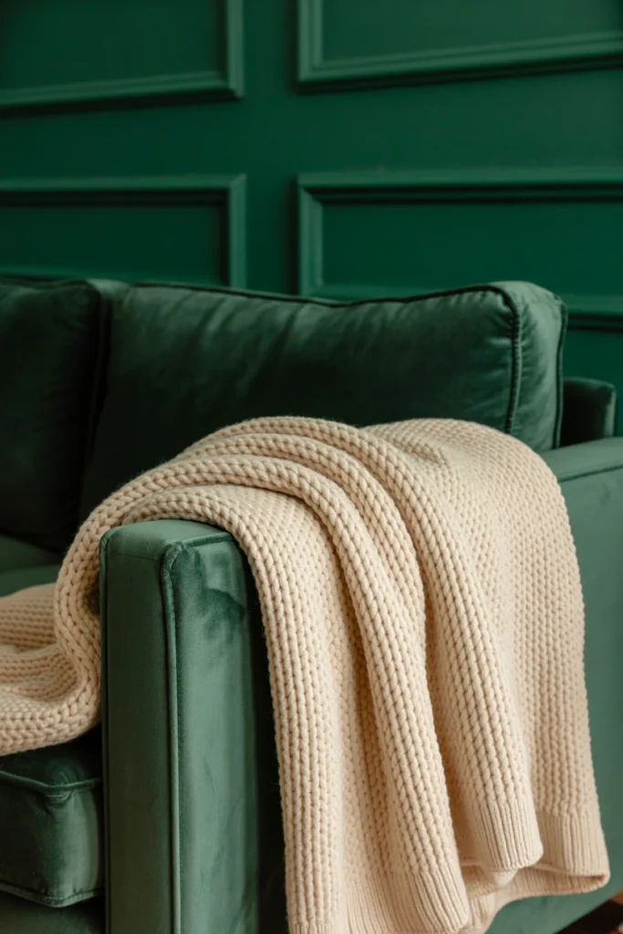 Cream throw blanket draped over a dark green velvet sofa