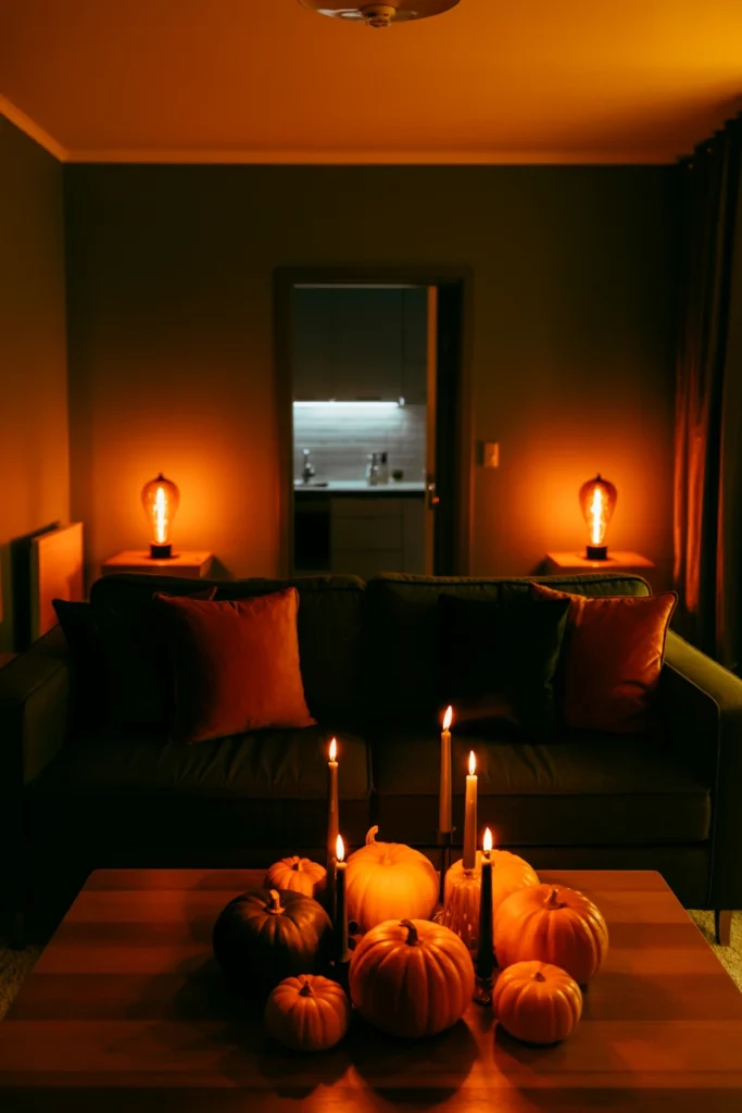  An apartment living room lit entirely with orange Edison-style LED bulbs creating a warm amber halloween glow over decorated surfaces