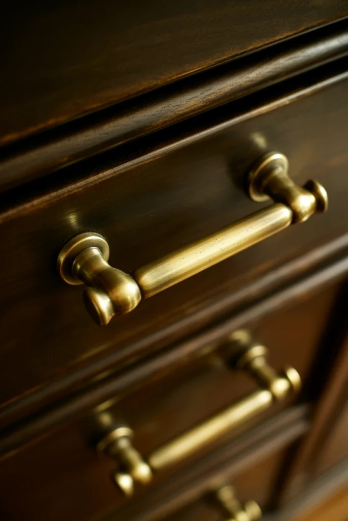 Close-up of unlacquered brass drawer pulls on a dark wood dresser