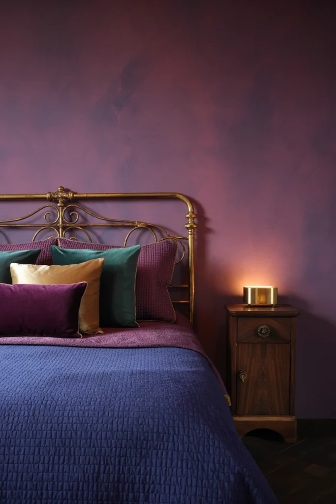 antique brass bed frame with dark velvet bedding