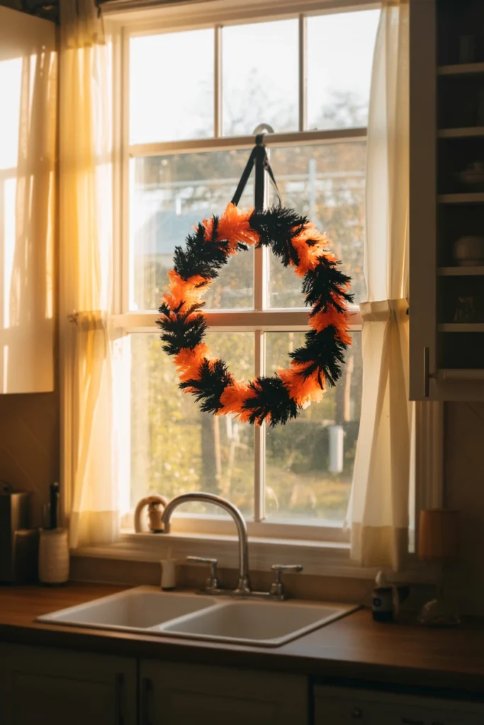  Black and orange Halloween wreath hung on kitchen window