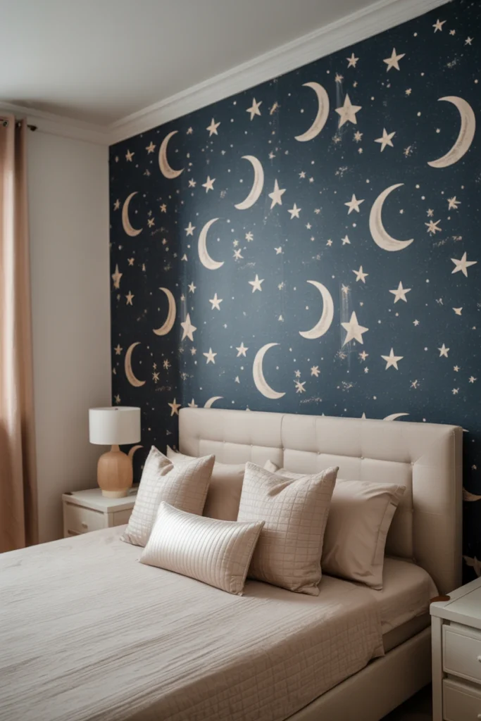 Peel-and-stick celestial wallpaper on a single bedroom wall