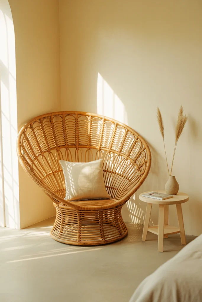 Curved rattan chair as sculptural focal point in whimsy bedroom