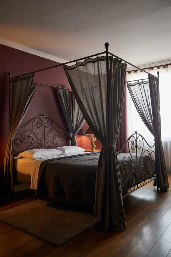 Anchor the Room with a Dark Wood or Wrought Iron Bed Frame