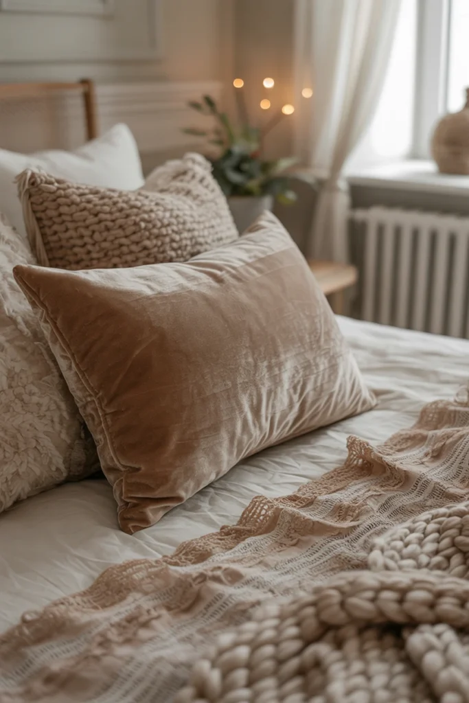 Layered velvet, wool, and lace textures on a bed