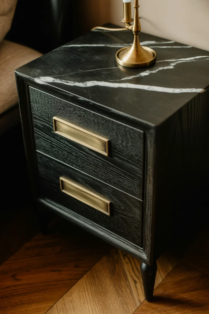 Choose a marble-top nightstand with aged brass hardware