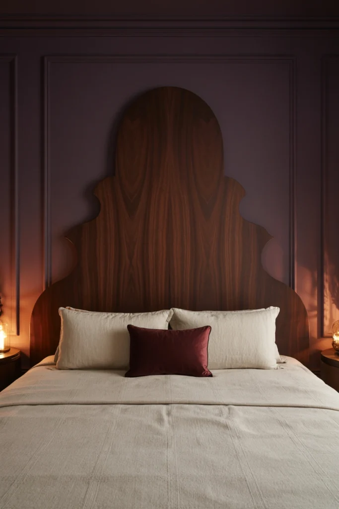 Carved dark wood headboard in moody bedroom