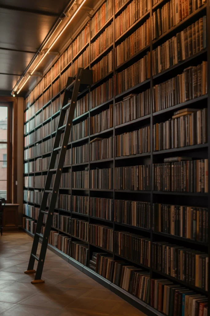 Floor-to-ceiling built-in bookshelf filled with books