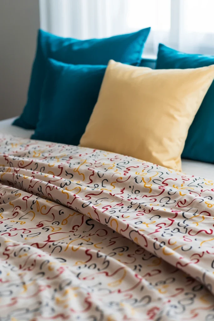 Memphis-pattern throw pillows and bedding mixed with solid color bedsheets