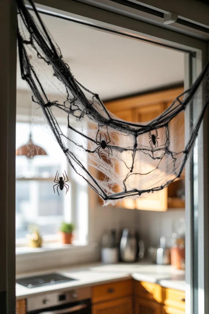 Black cobweb garland draped across a kitchen window frame