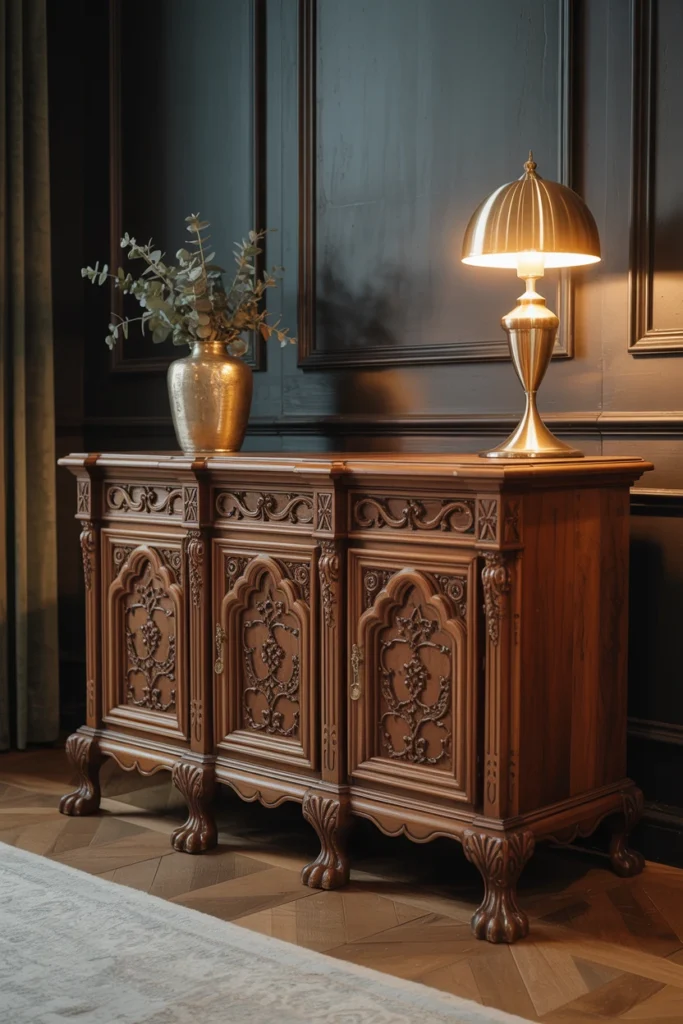 Carved wood antique cabinet used as a media console