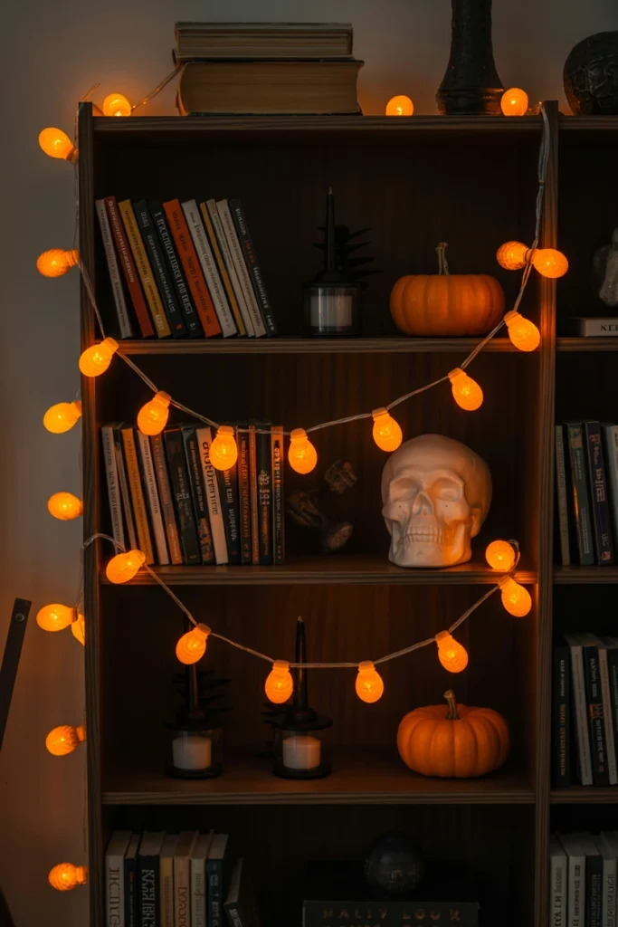 Halloween-decorated bookshelf with orange LED string lights woven between books, skulls, and black candle holders in a warm glow