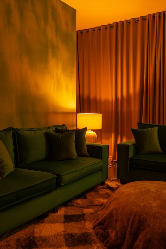 Warm amber lamp glow filling a dark, jewel-toned living room