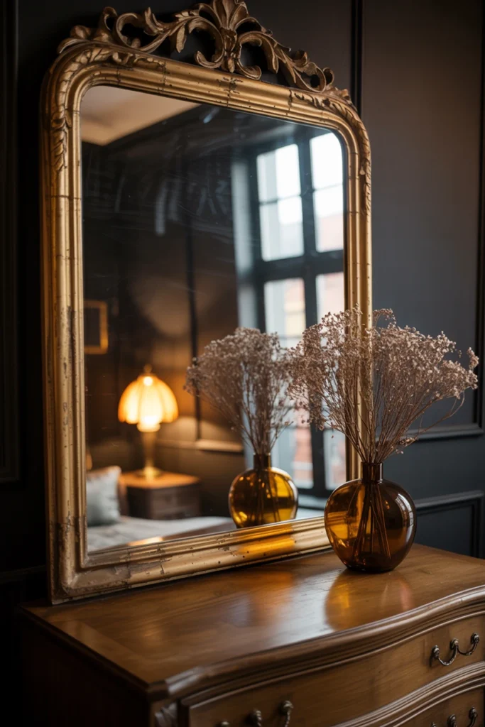 ornate gold gilded mirror above vintage dresser