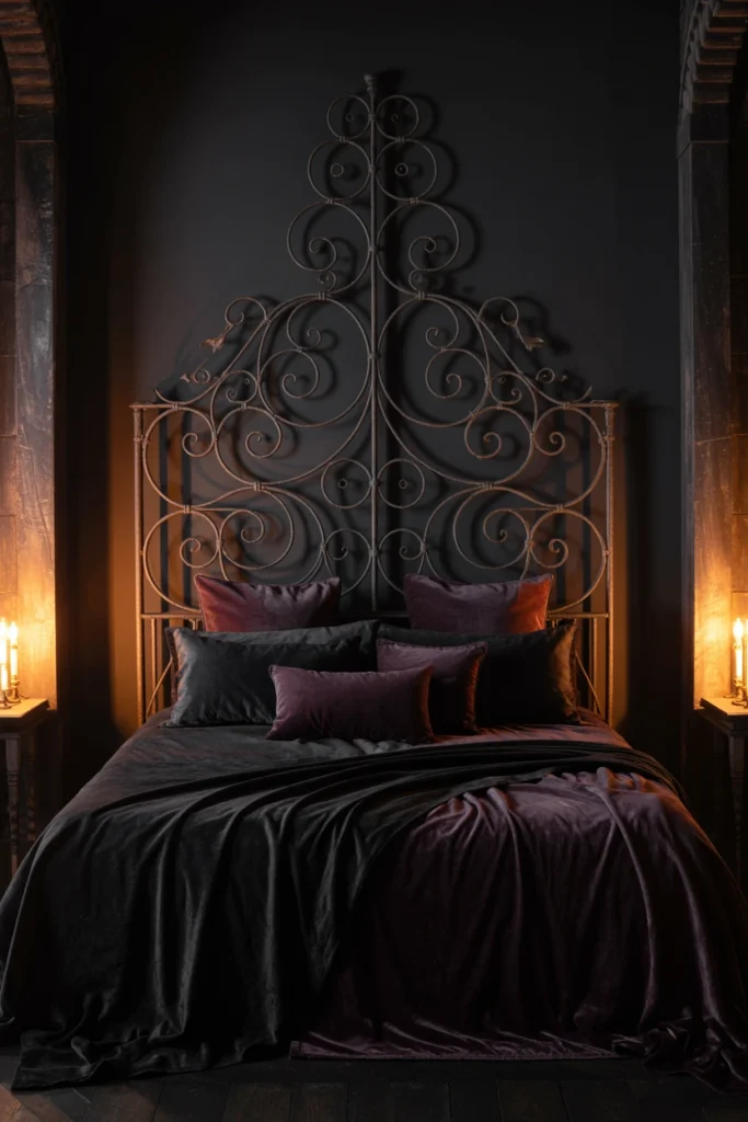 Wrought iron gothic bed frame with tall scrolled headboard
