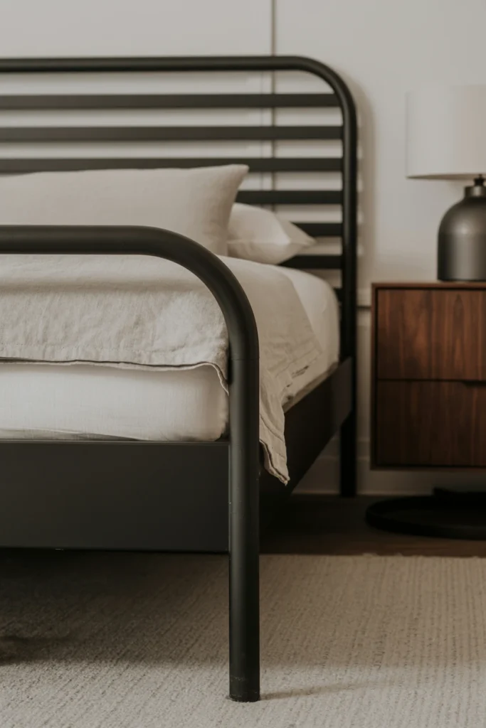 Choose a dark wood or black metal bed frame as the anchor piece
