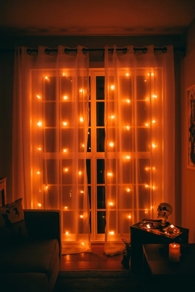 Install Orange String Lights Behind Sheer Curtains for Glow