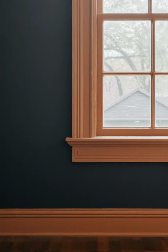 Replace stark white trim with warm off-black or bronze