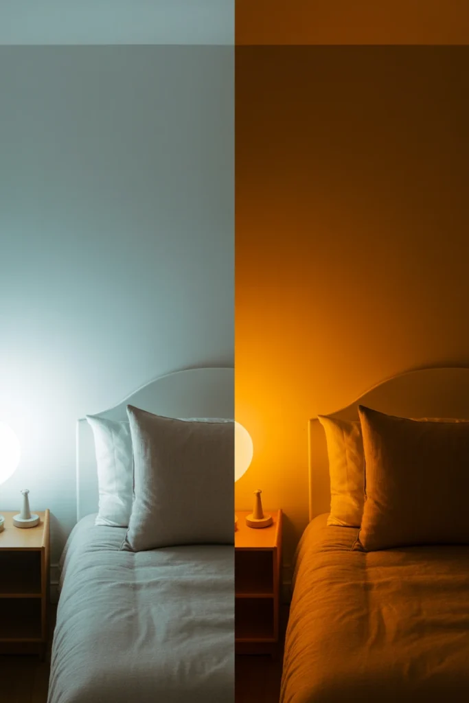 Place amber-toned bulbs to soften dark surfaces