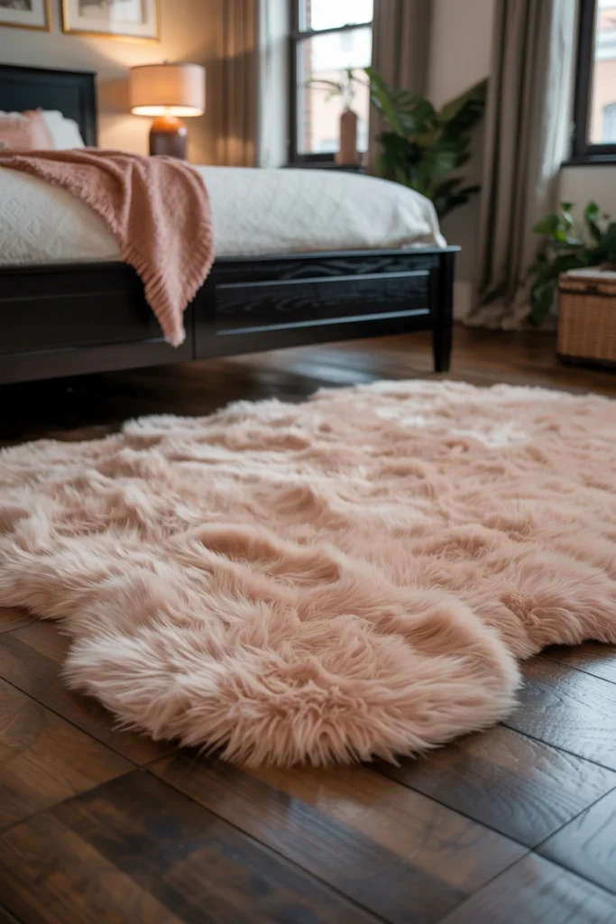Layer a plush area rug over dark flooring