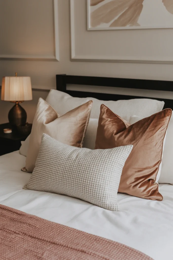 Group throw pillows in odd-numbered, mixed textures