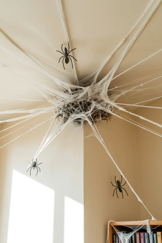 Apply Fake Cobwebs Strategically to Corners and Furniture Edges