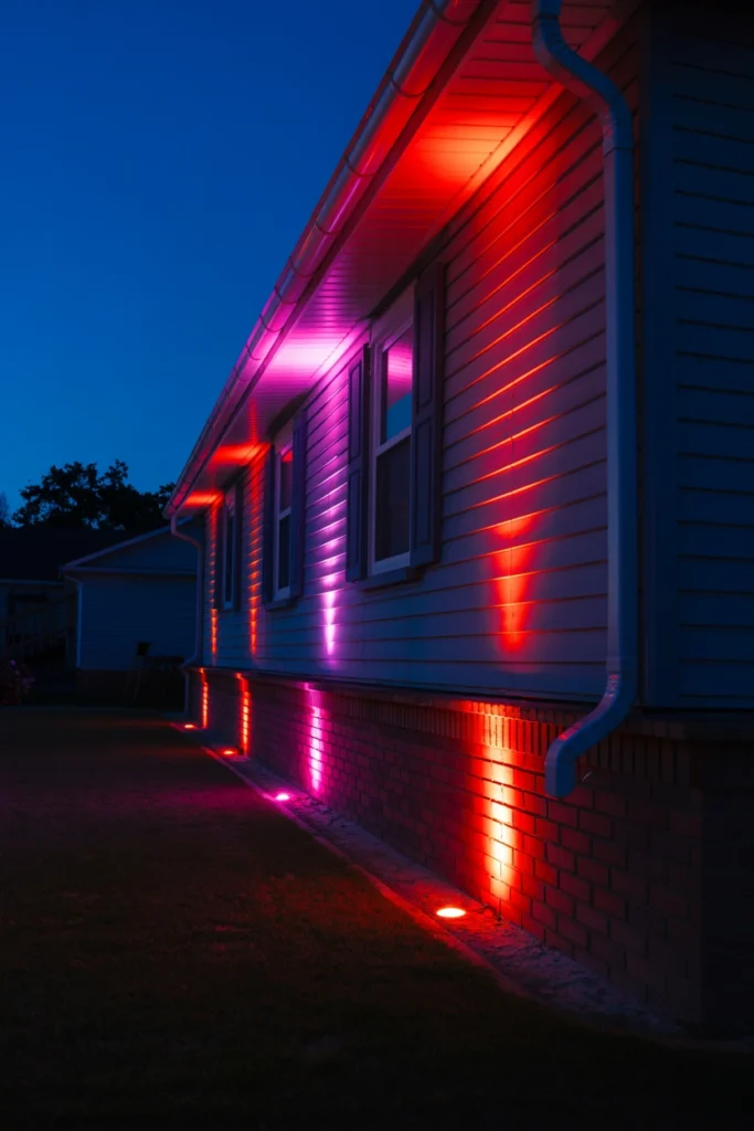 Install Orange and Purple Uplights Along the Foundation