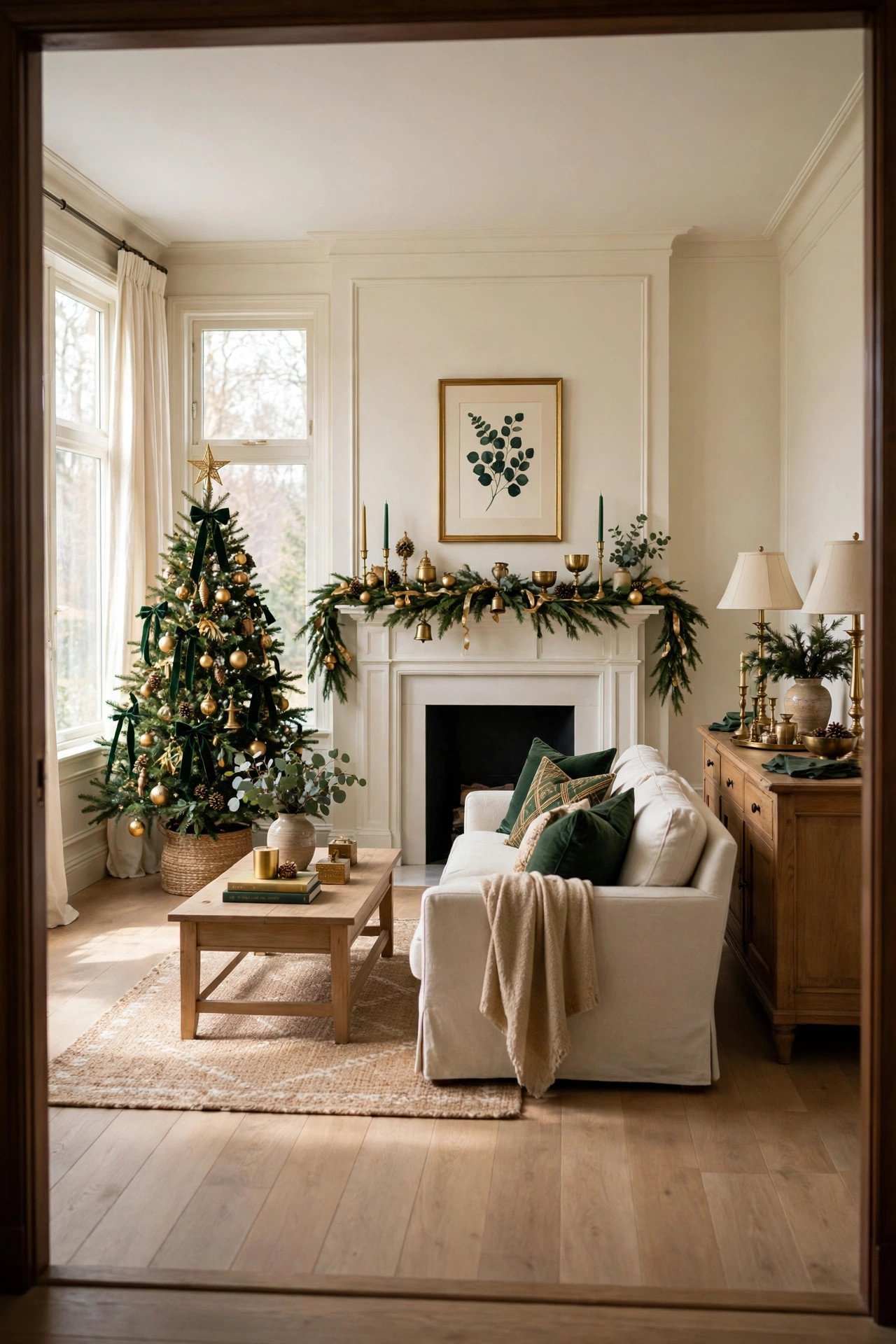 Living room decorated for Christmas in a two-color palette of forest green and brass gold