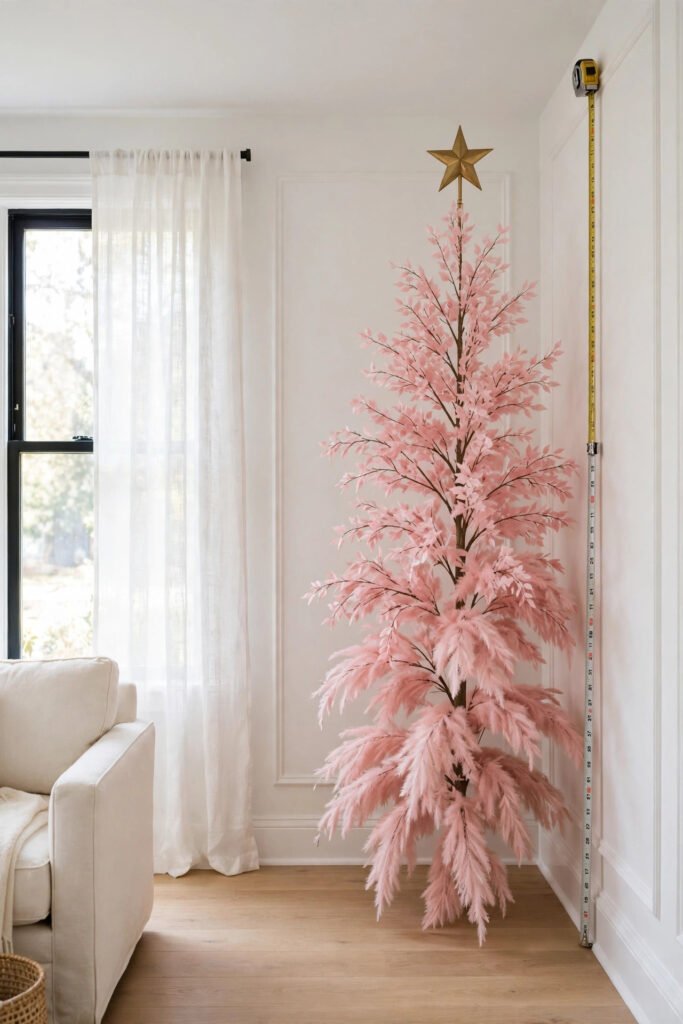 Pink artificial Christmas tree with clearance between the gold topper and a nine-foot ceiling
