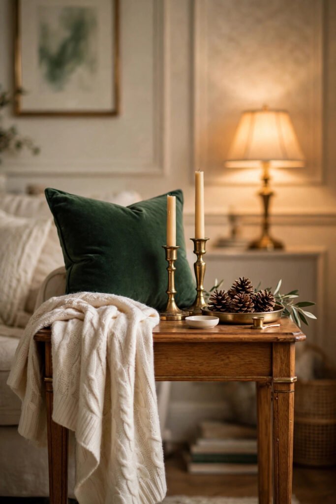 Christmas decor vignette in a two-color green and cream palette with brass accents