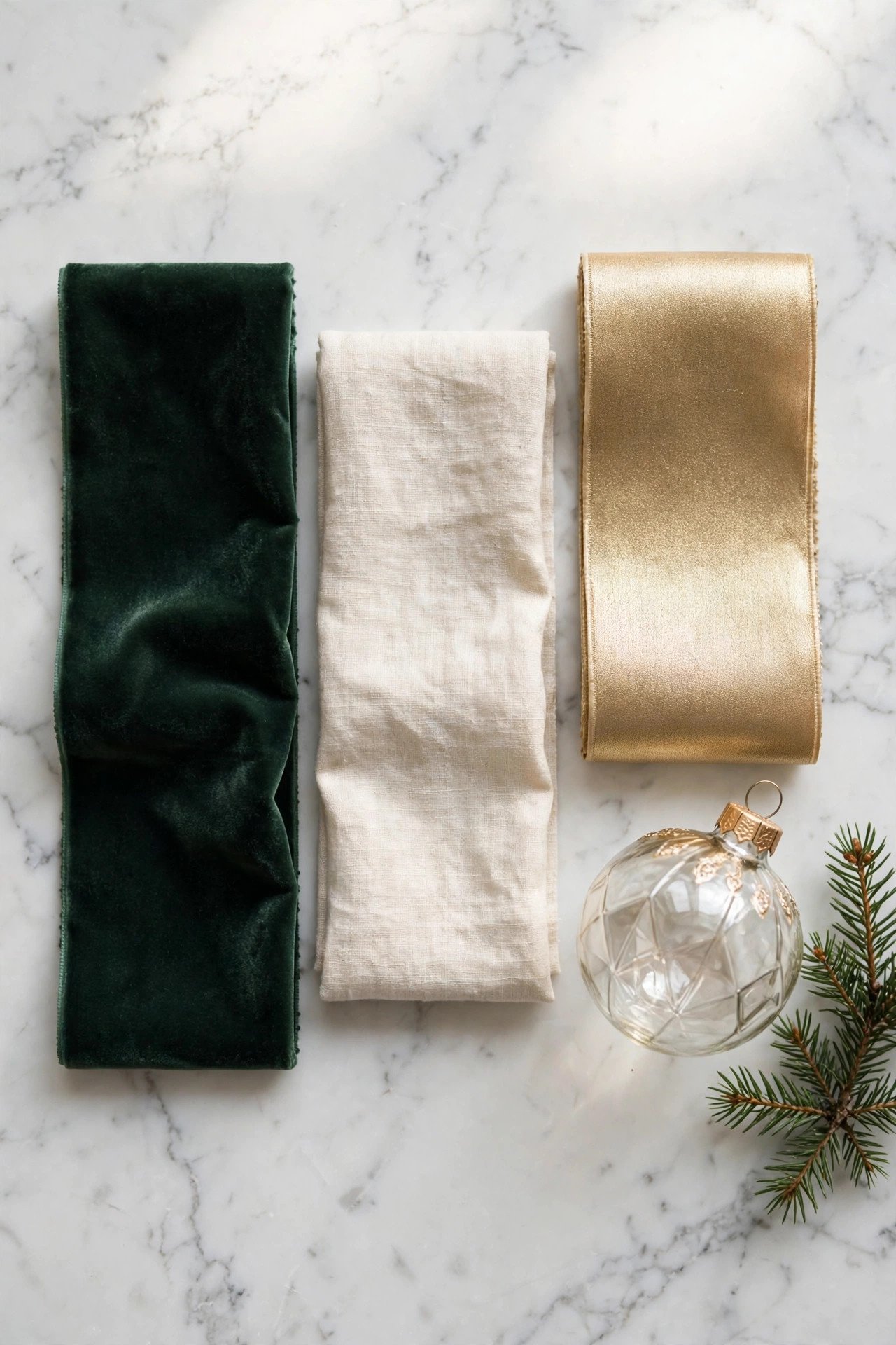 Three Christmas color swatches in green, cream, and gold on marble